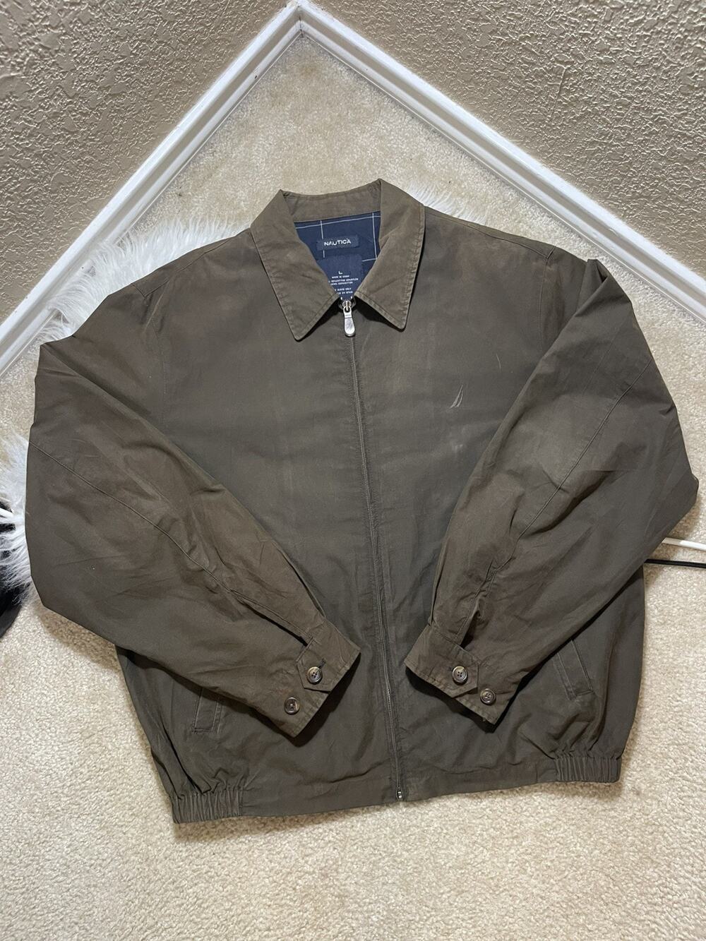 Vintage 90s Nautica Mens Large Harrington Bomber Jacket Olive Brown Full Zip